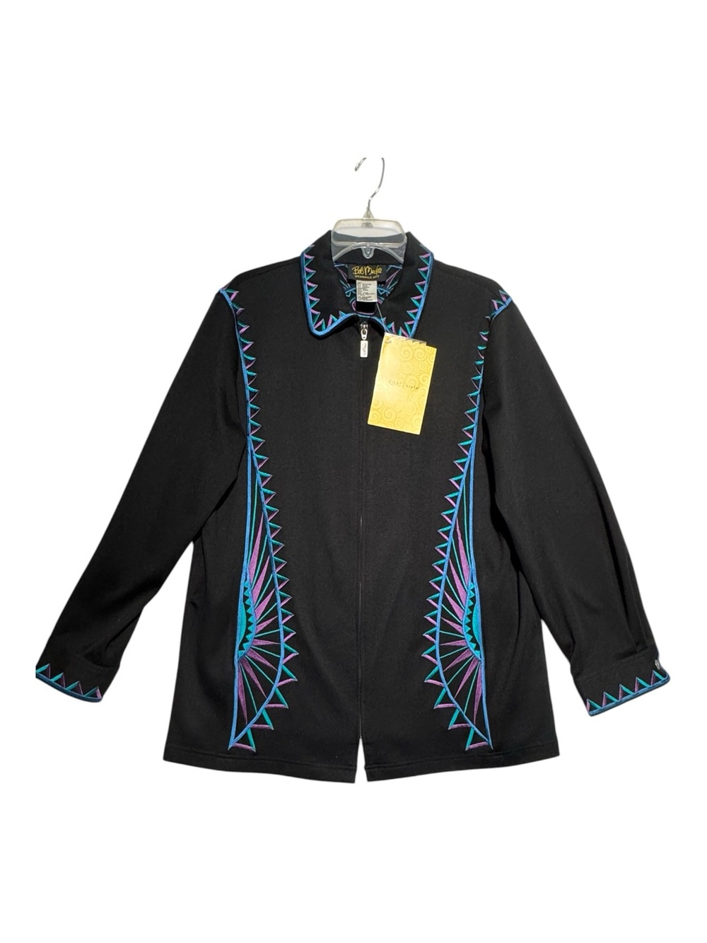 Bob Mackie Wearable Art Embroidered Zip Up Jacket Black Teal Purple M